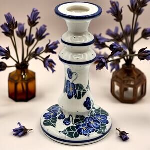 Vintage Polish Pottery Boleslawiec Unikat Stoneware Candle Holder Signed 7 Inch